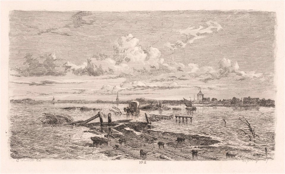 Grindweg tussen Oss en Lith, 24 maart 1855 (Prent no. 12 uit de serie De Waterramp van 1855) (naar E. Koster), objectnr A 13955