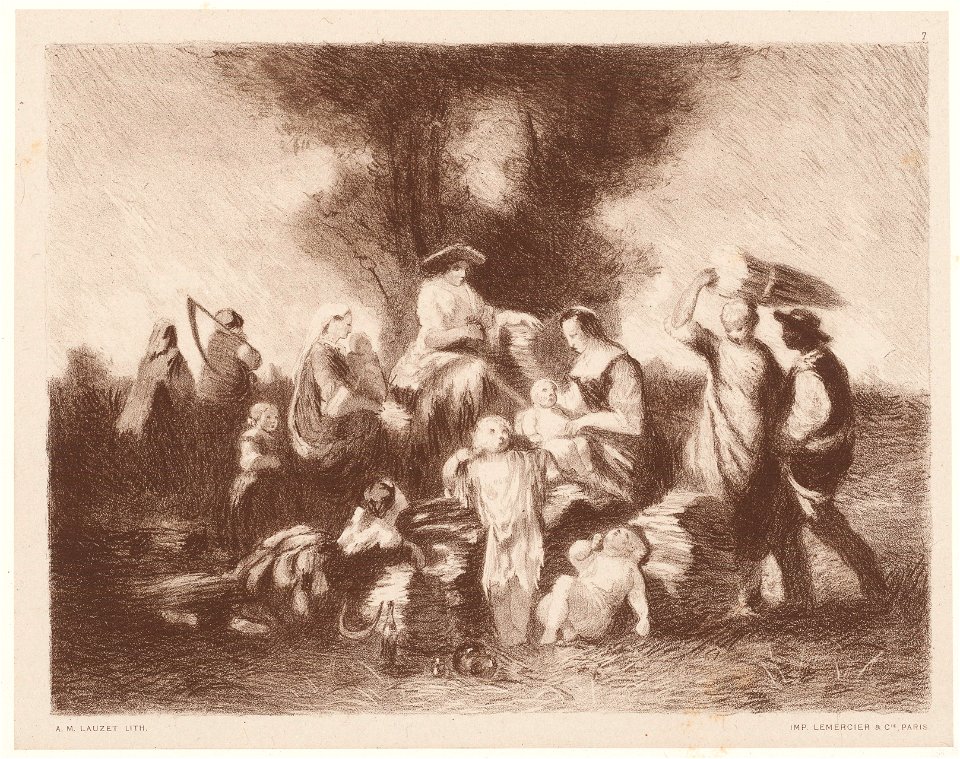 Groep mensen met kleine kinderen op het land, objectnr A 15574