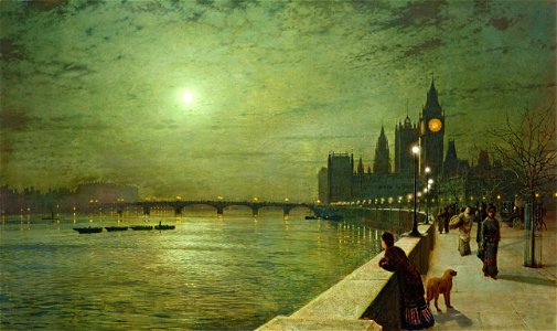 Reflections on the Thames, Westminster - Grimshaw, John Atkinson. Free illustration for personal and commercial use.
