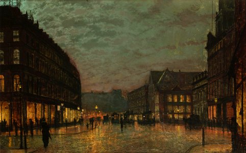 John Atkinson Grimshaw Boar Lane Leeds by lamplight 1881