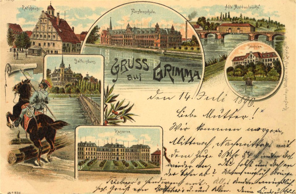 Grimma, Sachsen - Rathaus; Fürstenschule; Alte Muldenbrücke (Zeno Ansichtskarten)