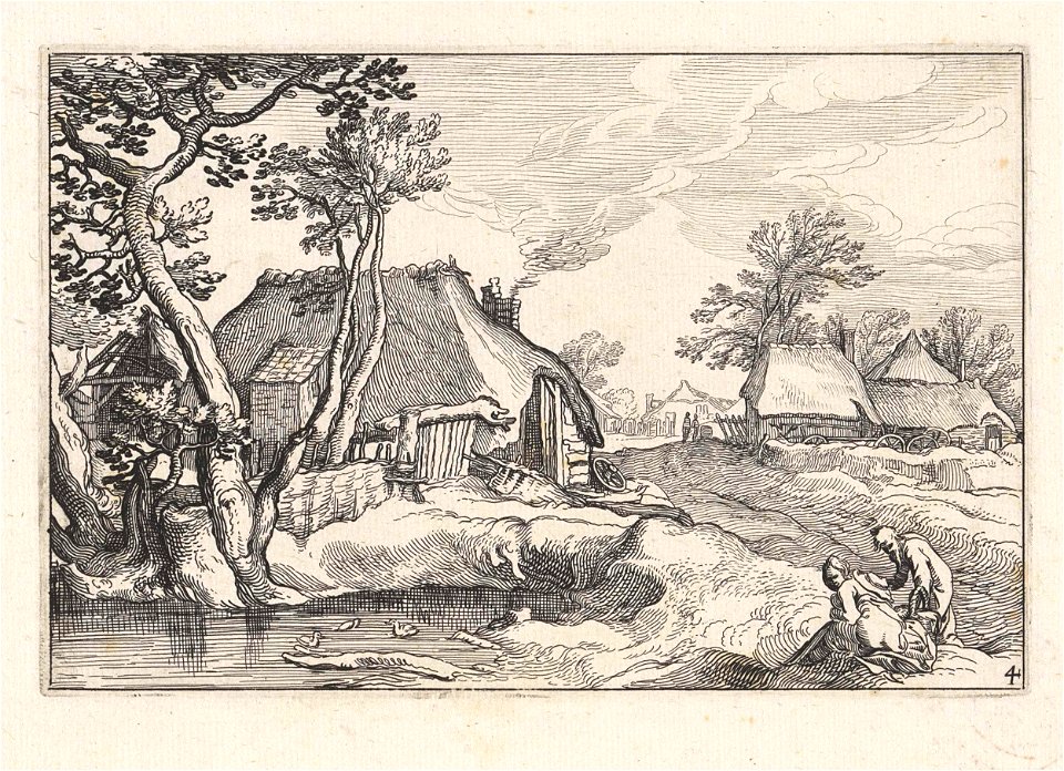 Groep boerderijen in een landschap