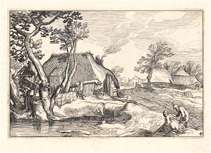 Groep boerderijen in een landschap