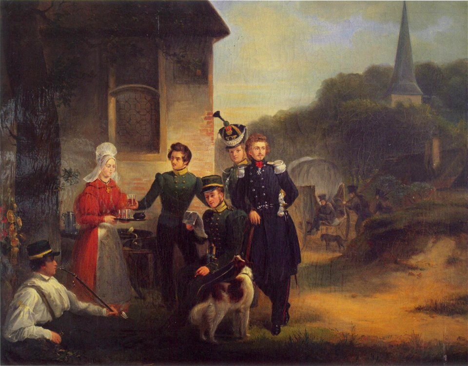 Groep van - uit Overijssel afkomstige - Leidse Jagers tijdens de Tiendaagse Veldtocht (ca. 1835) door Aleida Budde