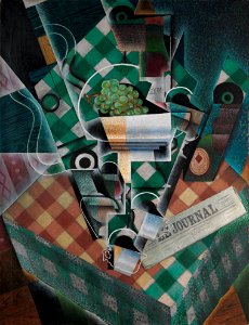 Juan Gris, 1915, Nature morte à la nappe à carreaux (Still Life with Checked Tablecloth), oil on canvas, 116.5 x 89.3 cm. Free illustration for personal and commercial use.