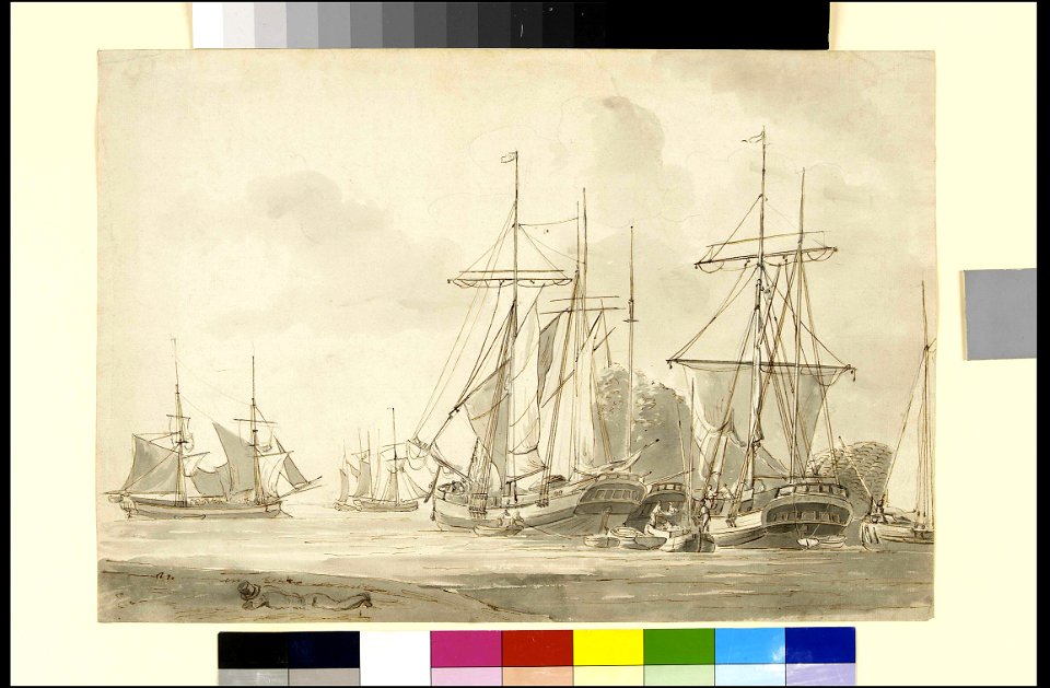 Group of brigs at anchor in a harbour RMG PX9646