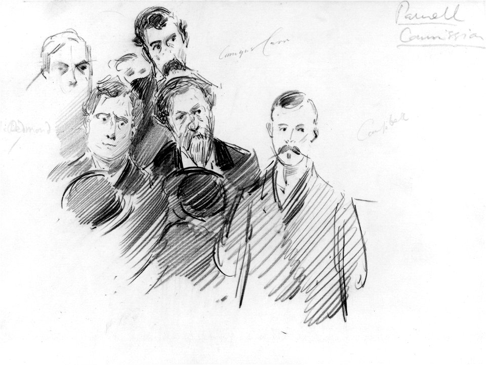 Group including William Hoey Kearney ('Willie') Redmond, Joseph William Comyns Carr, H. Campbell and others by Sydney Prior Hall