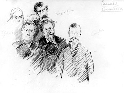 Group including William Hoey Kearney ('Willie') Redmond, Joseph William Comyns Carr, H. Campbell and others by Sydney Prior Hall
