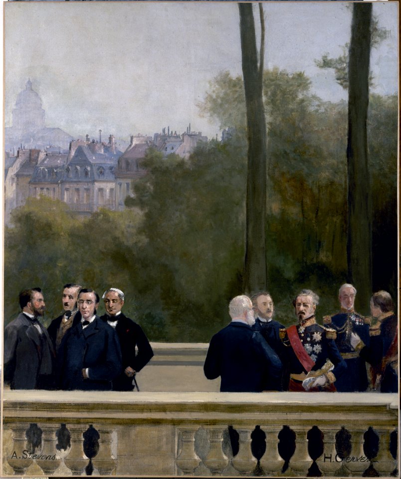 Groupe d'hommes dont trois en uniforme (le général Canrobert), fragment du panorama sur l'Histoire du siècle
