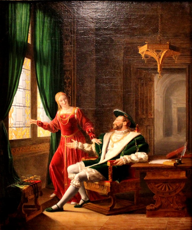 François Ier montre à Marguerite de Navarre, sa sœur, les vers qu'il vient d'écrire sur une vitre avec son diamant - Fleury François Richard - MBA Lyon 2014 (cropped)