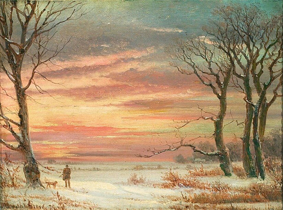 Nordahl Grove - Vinterlandskab med jæger og hund - 1878