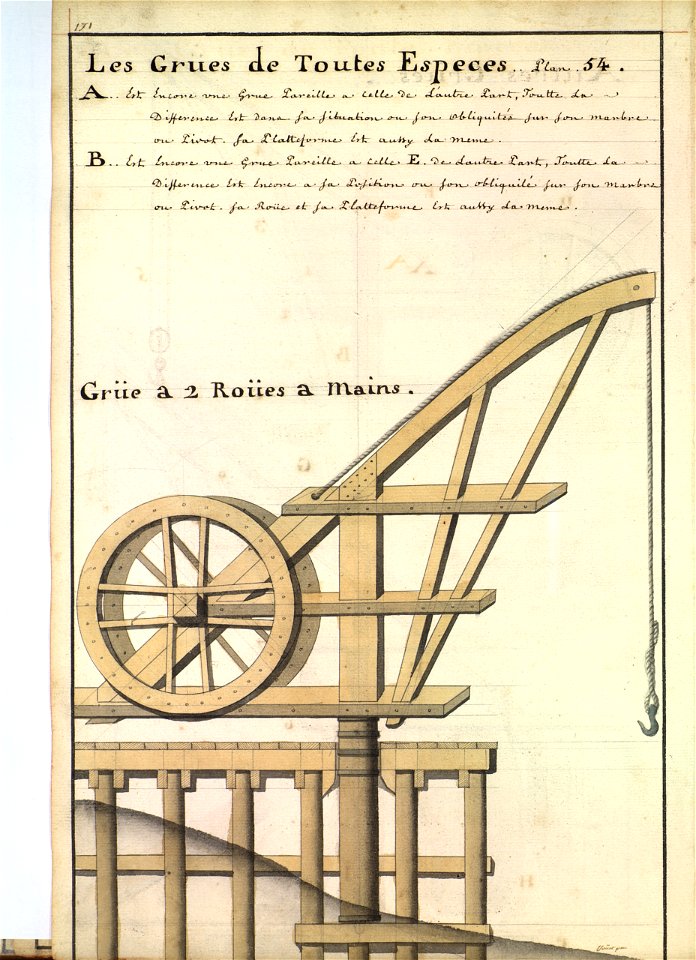 Grue portuaire à deux roues à main du XVIIIè siècle