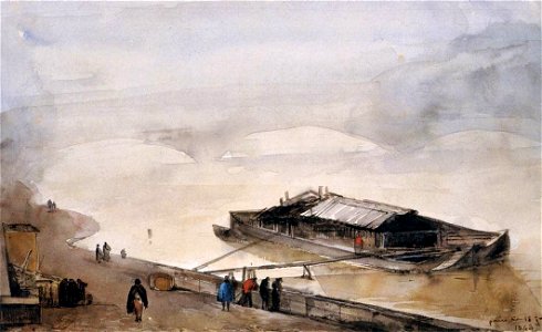 François-Marius Granet - Quay of the Seine with Barge, Fog Effect - WGA10368