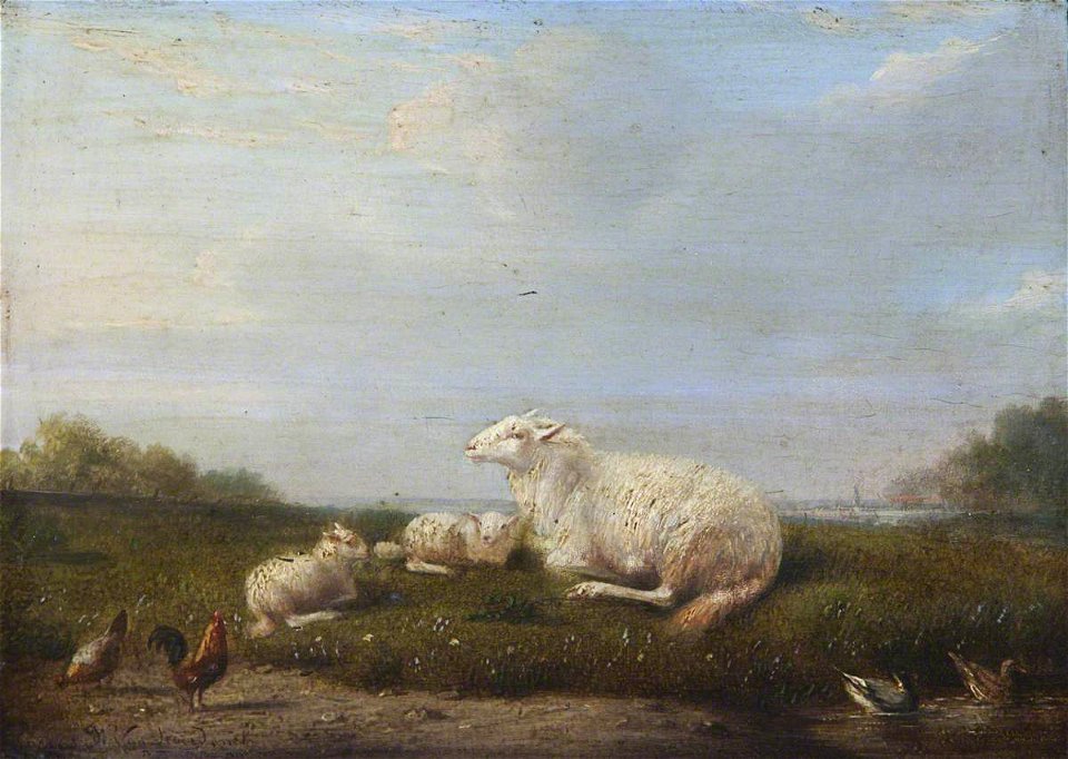 François van der Verdonck (1848-1875) - A Ewe and Two Lambs with Poultry in a Landscape - 1401232 - National Trust