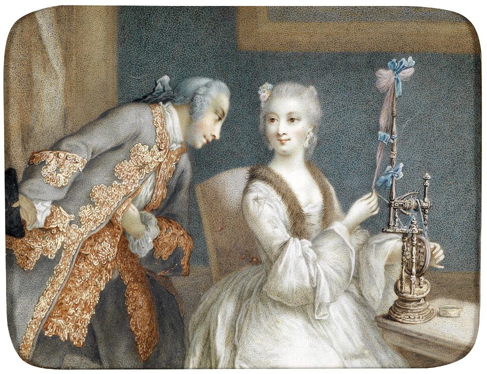 Frau am Spinnrad und Kavalier