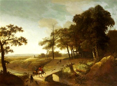 Frederick de Moucheron (1633-1686) (style of) - A Wooded River Landscape with a Hawking Party Crossing a Bridge - 20951 - National Trust