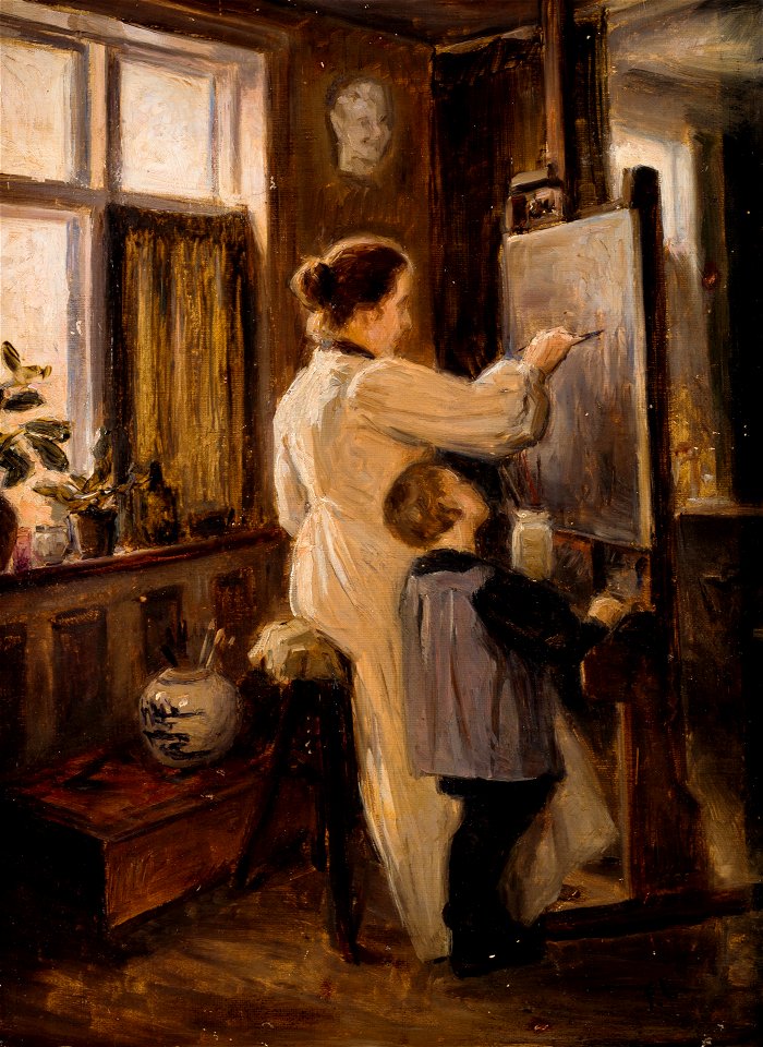 Frederik Lange, Interiør med malerinde og lille barn, udateret, SKM1451, Skagens Museum
