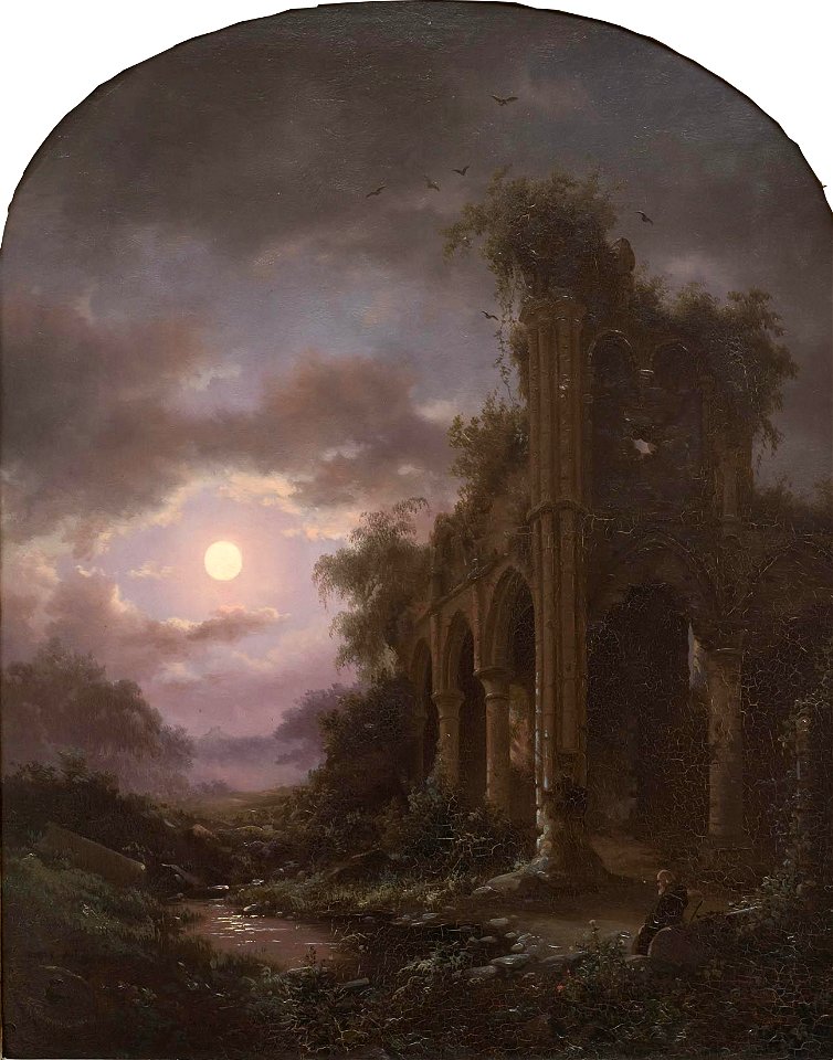 Frederik Marinus Kruseman - Mediterende monnik bij nachtelijke ruïne