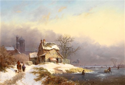 Frederik Marinus Kruseman - Dorpelingen door een bevroren rivier