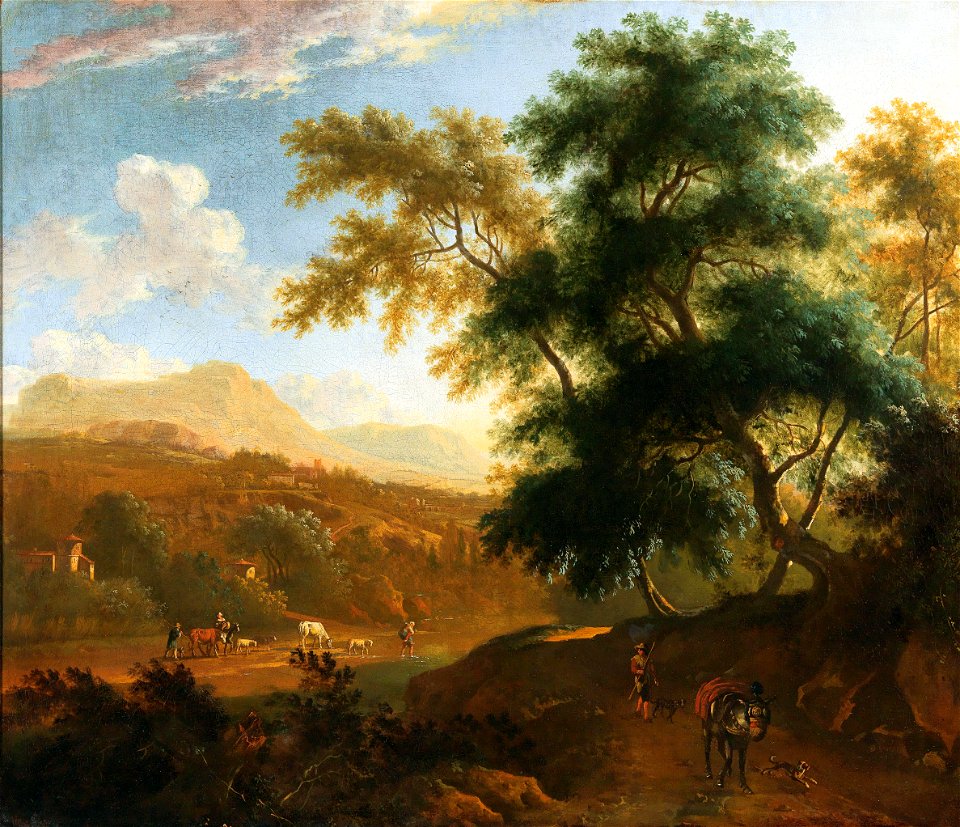 Frederik de Moucheron - A mountain landscape with shepherds