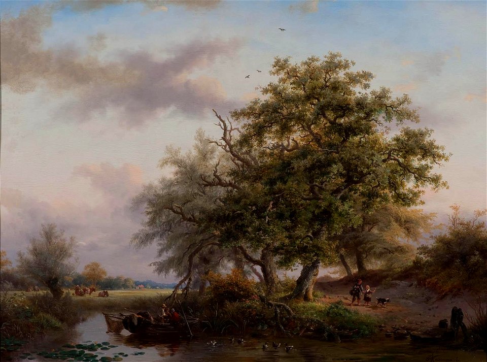 Frederik Marinus Kruseman - Zomerlandschap met vissersbootje op vijver