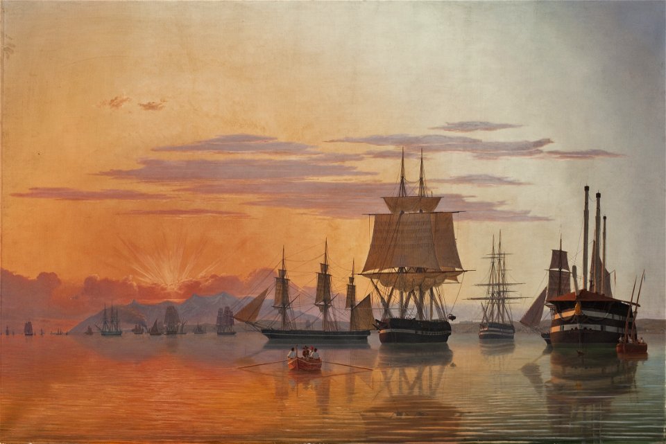 Fregatten Thetis og korvetten Flora på Tajofloden ved aftenbelysning, 1844