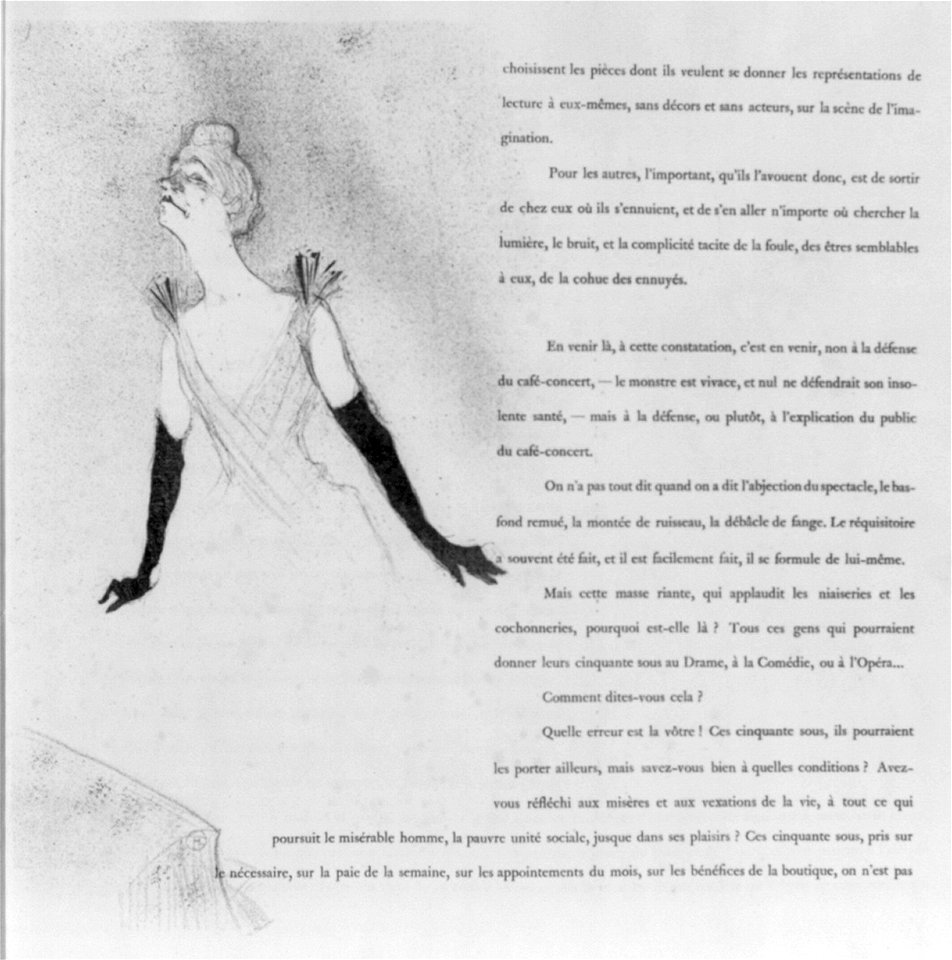 French cabaret singer Yvette Guilbert wearing gown and long black gloves; illustration and surrounding text LCCN2002705978