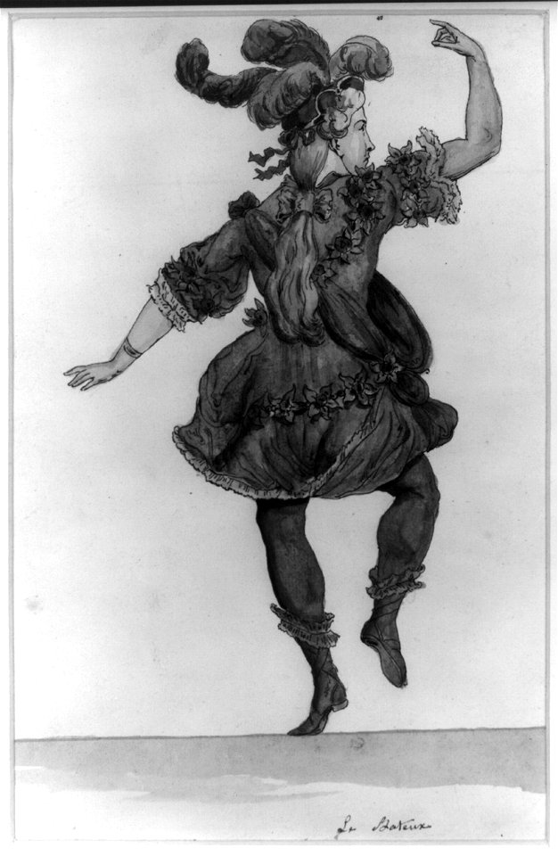 French actress, full-length portrait, seen from behind, right hand raised, skipping or dancing, wearing a plumed headdress LCCN2011647402