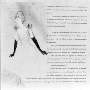 French cabaret singer Yvette Guilbert wearing gown and long black gloves; illustration and surrounding text LCCN2002705978