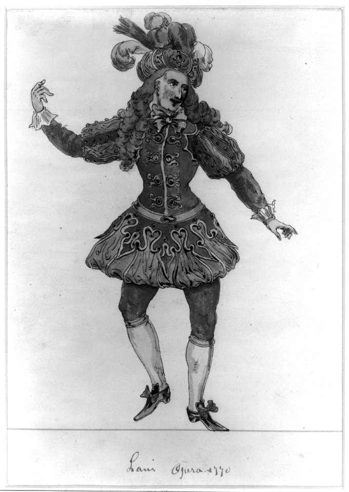 French actor, full-length portrait, facing slightly right, right hand raised, skipping or dancing, wearing a plumed turban-like headdress LCCN2011647403