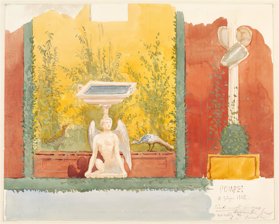 Fresco of a garden with sculplture of a winged being in Pompeii watercolor by Luigi Bazzani