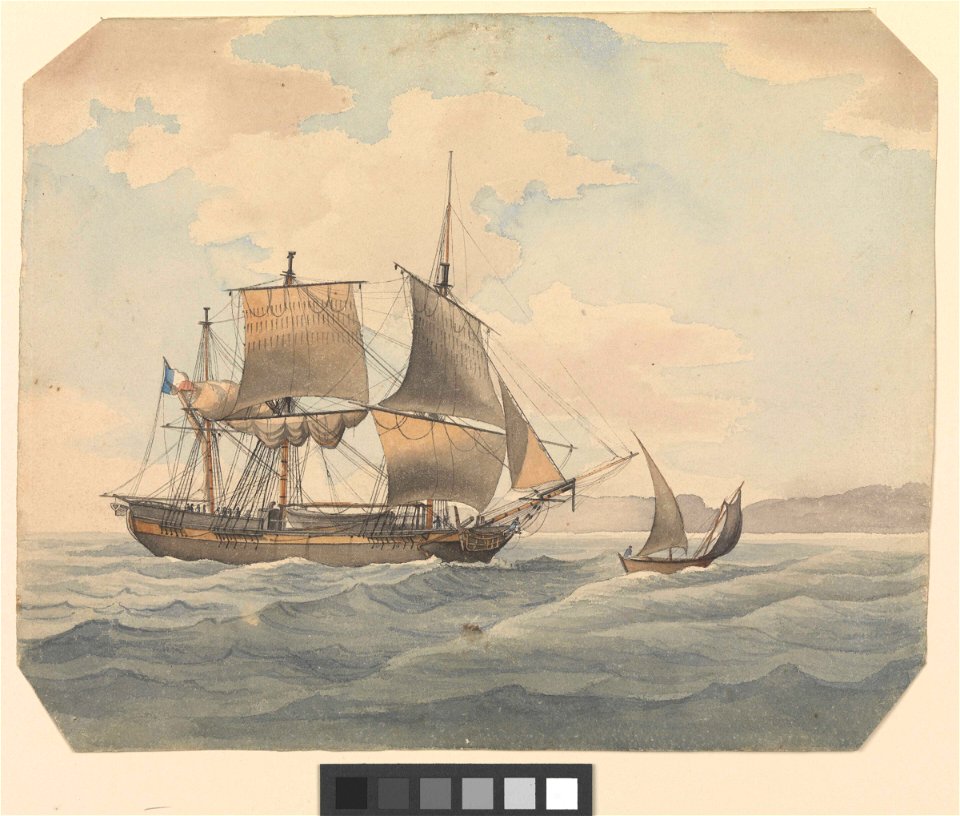 French merchant ship running before the wind into a coast, ca.1810 RMG PW7700