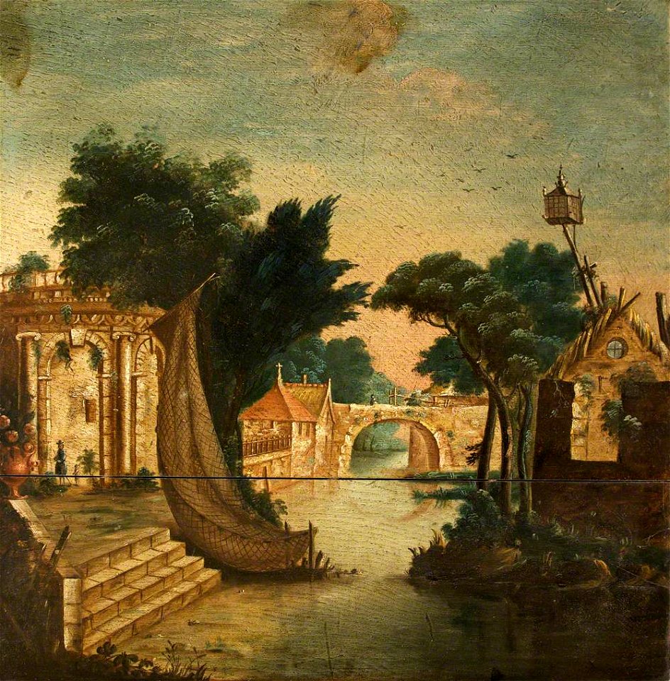 French School - River Scene with a Temple, Houses and Bridge - 254700 - National Trust