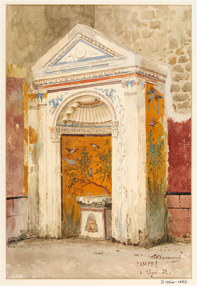 Frescoed fountain with birds and floral motif in Pompeii watercolor by Luigi Bazzani
