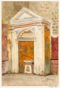 Frescoed fountain with birds and floral motif in Pompeii watercolor by Luigi Bazzani