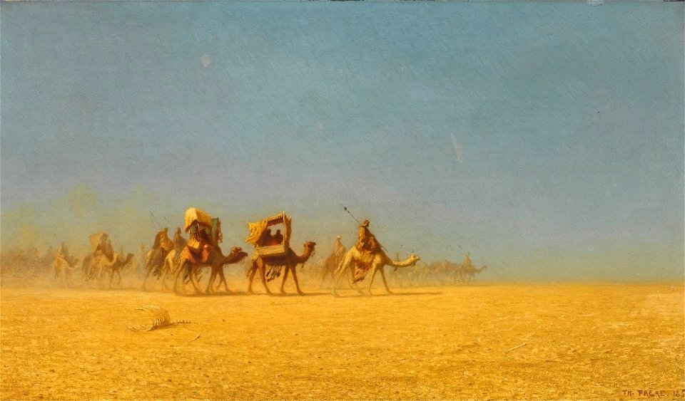 'Camel Train in the Desert' by Charles-Théodore Frère, 1855. Free illustration for personal and commercial use.