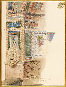 Frescoed interior with tragic mask in Pompeii watercolor by Luigi Bazzani