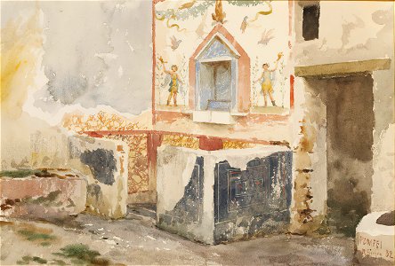 Frescoed lararium in Pompeii watercolor by Luigi Bazzani