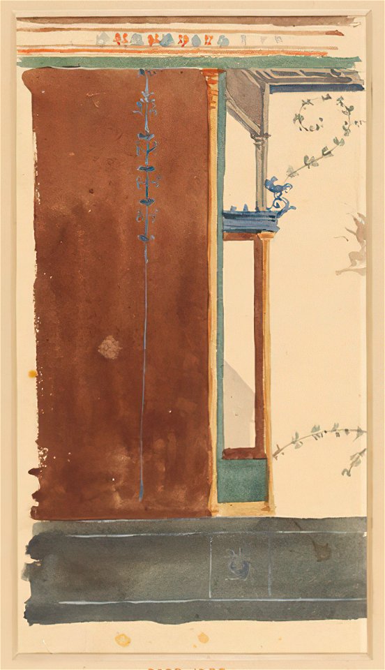 Frescoed wall with floral detail in Pompeii watercolor by Luigi Bazzani