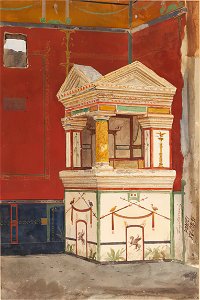 Frescoed and columned lararium in Pompeii watercolor by Luigi Bazzani