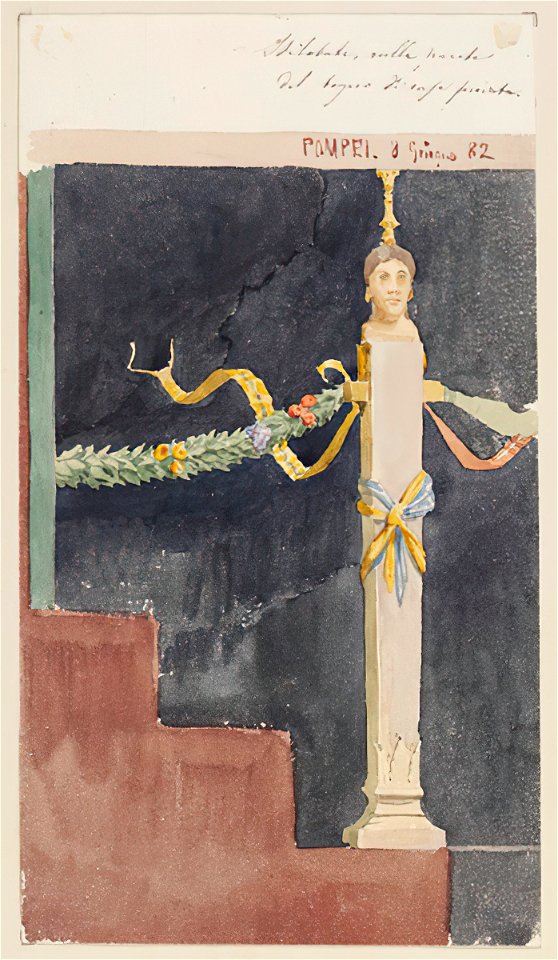 Fresco with herm in Pompeii watercolor by Luigi Bazzani