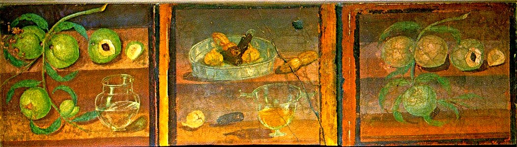 Frescos of three vignettes of fruit, Casa dei Cervi, Herculaneum (before 79 CE)