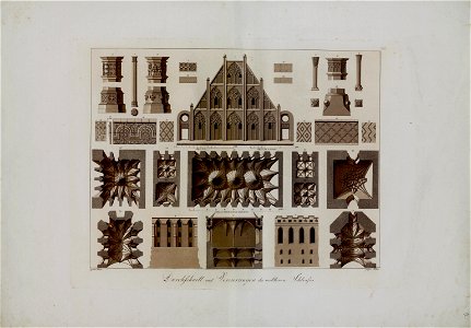 Friedrich Frick, Schloss Marienburg in Preussen, Tafel XVIII, Durchschnitt und Verzierungen des mittleren Schlosses
