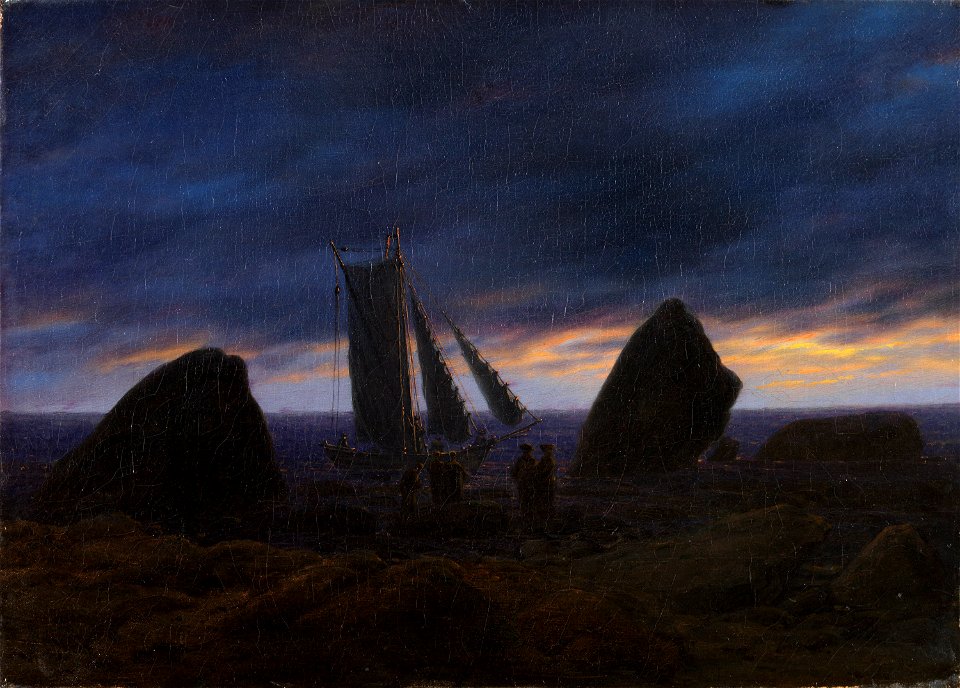 Barco de pesca entre dos rocas en una playa del Mar Báltico, por Caspar David Friedrich