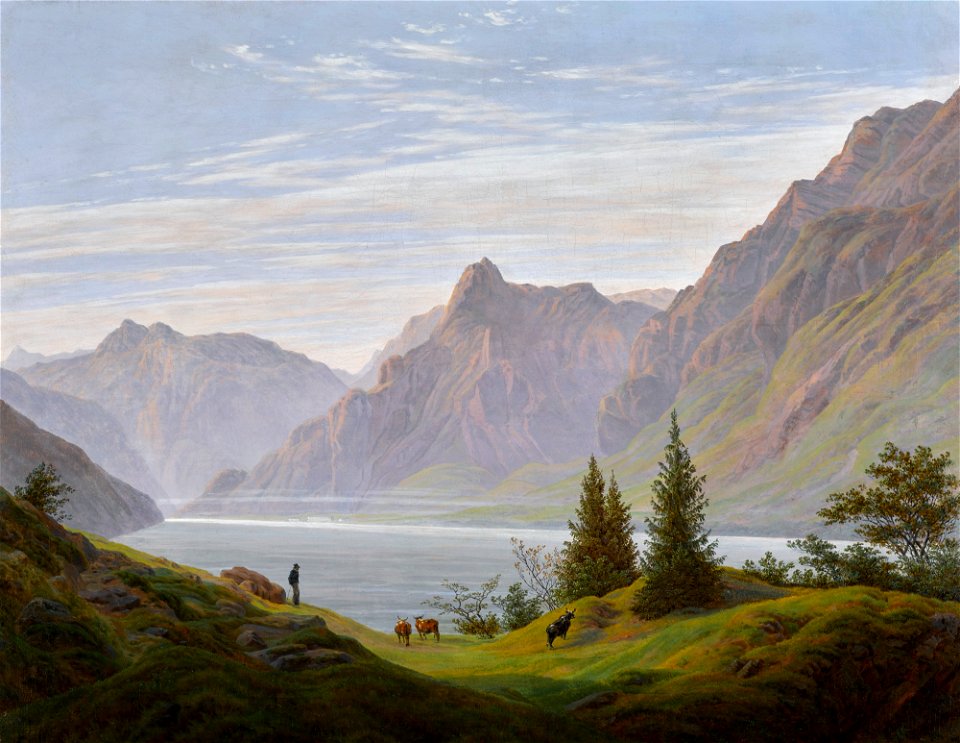 Caspar David Friedrich - Landschaft mit Gebirgssee, Morgen