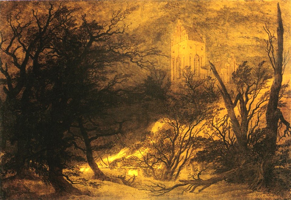 Friedrich - Brennendes Haus und gotische Kirche, um 1810