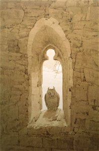 Owl in a Gothic Window by Caspar David Friedrich. Free illustration for personal and commercial use.