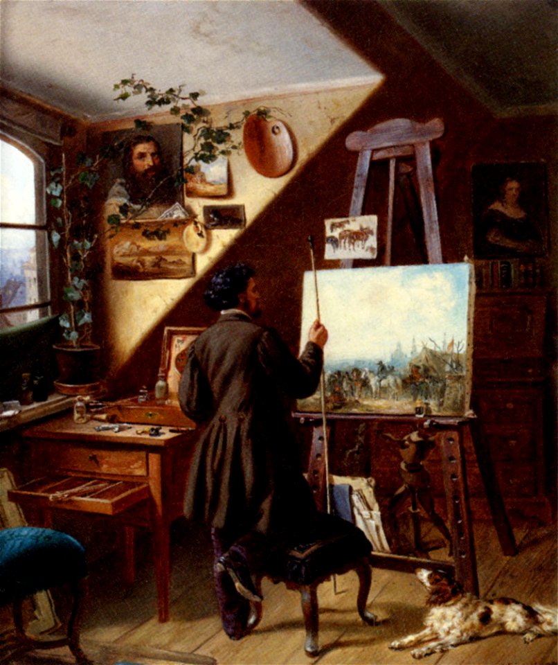 Painting Horses in the Studio, A Self Portrait by Gustav Adolph Friedrich