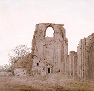 Caspar David Friedrich - Ruine der Abtei Eldena bei Greifswald von Osten (1836). Free illustration for personal and commercial use.