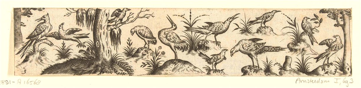 Fries met elf vogels, aan beide uiteinden van het fries staat een boom. Free illustration for personal and commercial use.